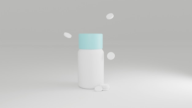 plastic bottle with flying white round pills