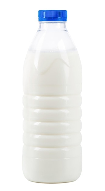 Plastic bottle with milk isolated on white background Milk bottle with blue lid