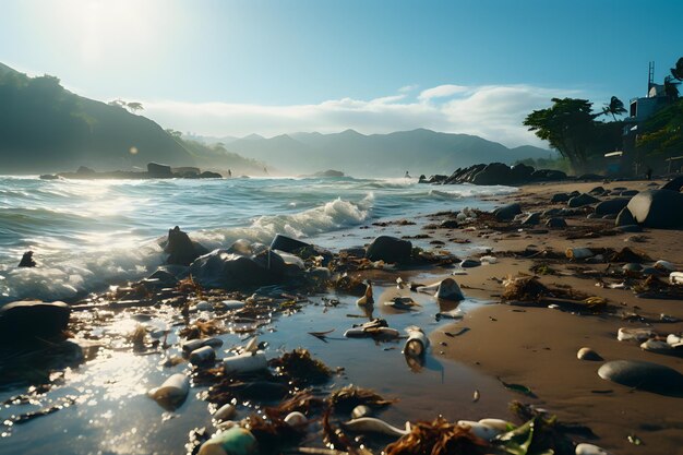 Plastic bottles on the beach at sunset Concept of environmental pollution