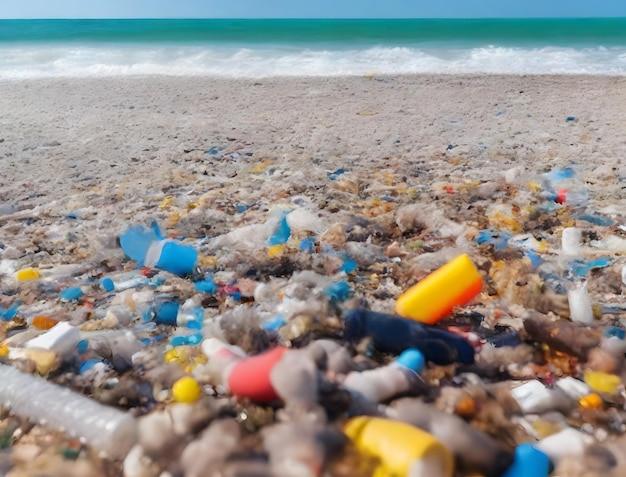 Plastic bottles on a beach with the ocean in the background