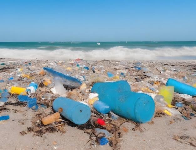 Plastic bottles on a beach with the ocean in the background