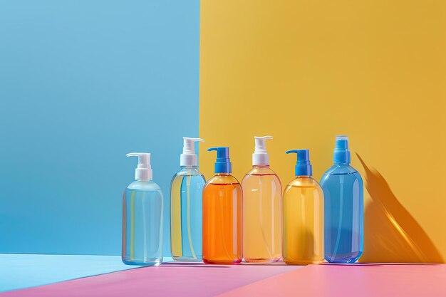 Plastic bottles of cosmetic products on a colored background Beauty and body care concept mockup