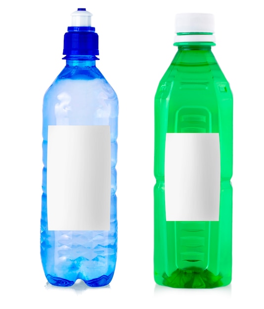 Plastic bottles of drinking water with label isolated on white background