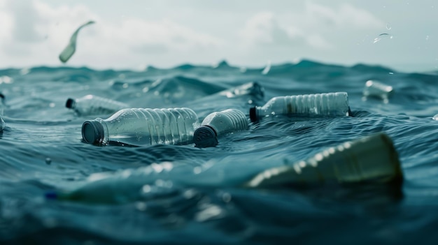 Photo plastic bottles float adrift on the ocean waves highlighting the pressing issue of marine pollution and its impact on the environment