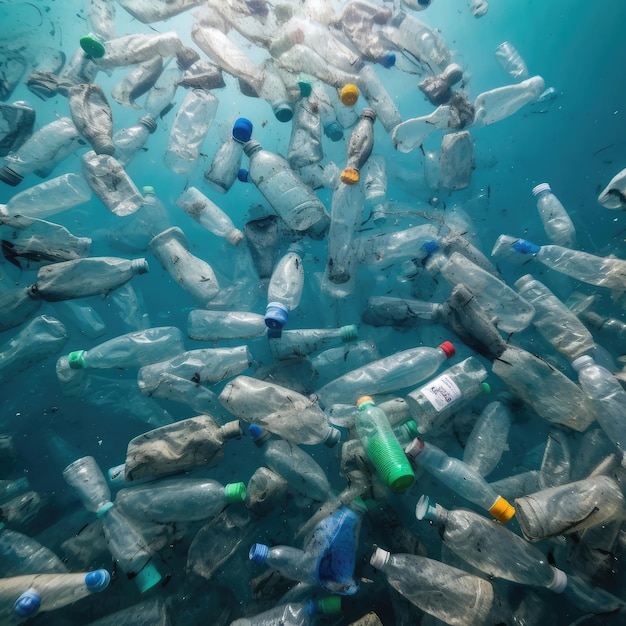 Plastic bottles floating in the ocean