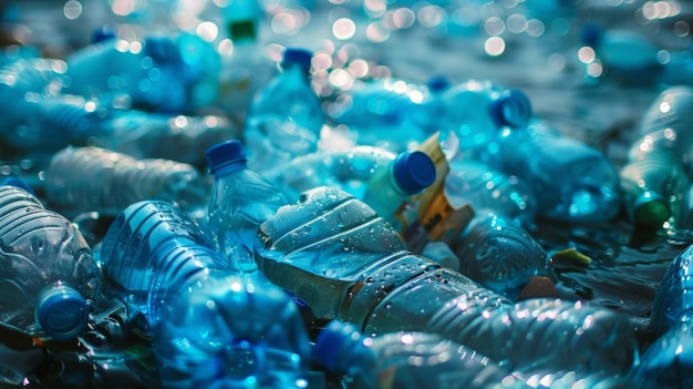 Photo plastic bottles floating in polluted water illustrating the environmental impact of plastic pollutio