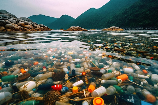 plastic bottles and other in water against mountains Pollution of sea or ocean with plastic waste