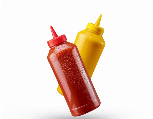 Plastic bottles with flying mustard and ketchup chopped out