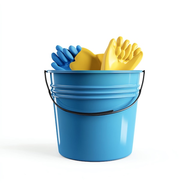 Photo plastic bucket with rubber gloves for cleaning