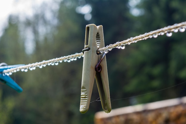 Plastic clothesline with clothespin and dew drops reflection of trees in watervdroplets blurred trees on green background