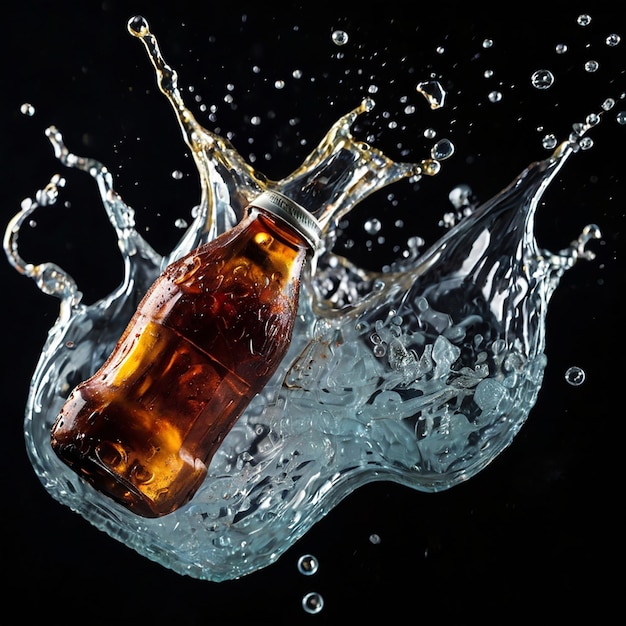 Photo plastic cola bottle splash with ice cubes on black background