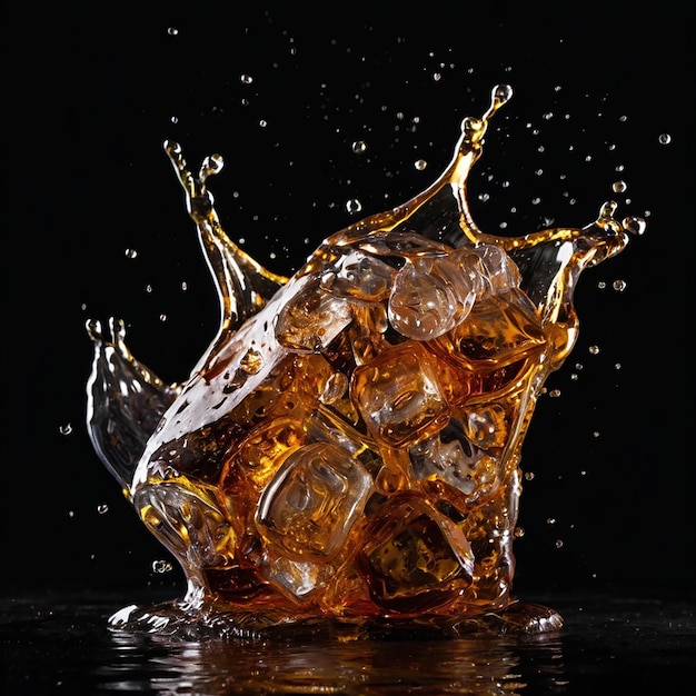 Photo plastic cola bottle splash with ice cubes on black background