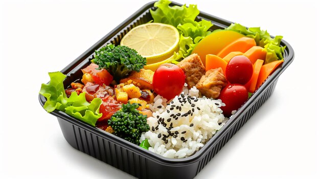 a plastic container of food with vegetables and rice