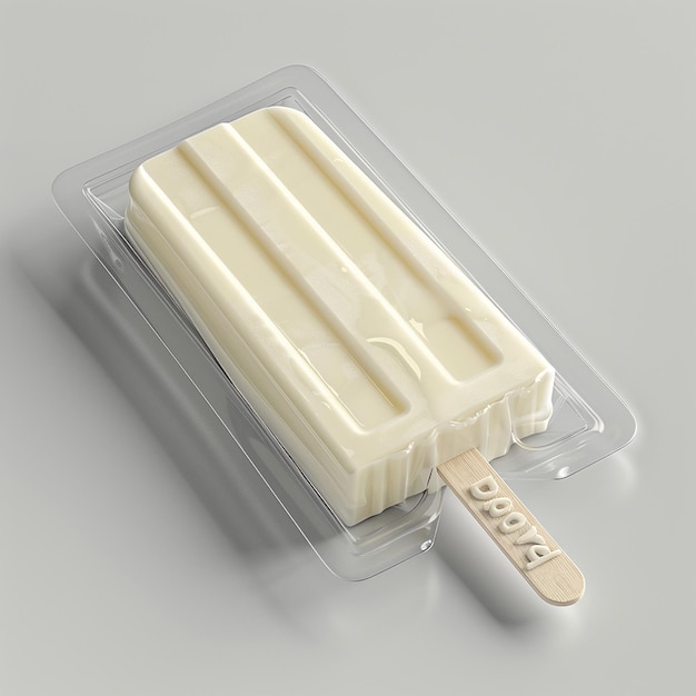 a plastic container of vanilla ice cream with a wooden spoon in it