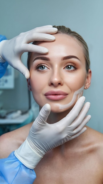 Photo plastic cosmetic surgeon examines beautiful womans face touches it with gloved hands inspectin