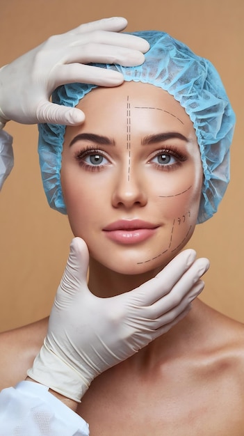 Plastic Cosmetic Surgeon Examines Beautiful Womans Face Touches it with Gloved Hands Inspectin