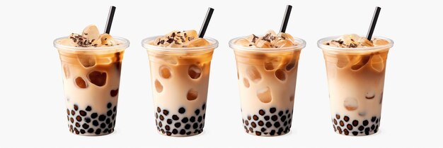 Plastic cup holds icy cold bubble tea drink on transparent background Tapioca pearls suspended in