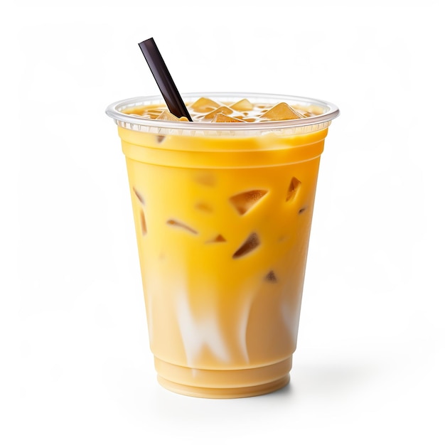 Photo a plastic cup of iced coffee with a straw in it