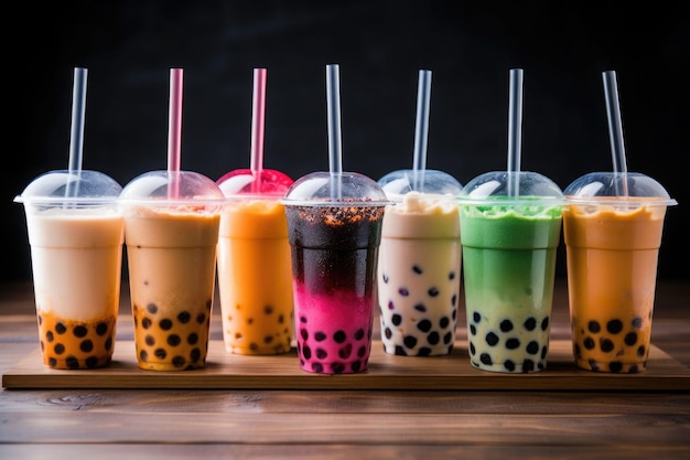 Plastic cups of different tasty bubble tea Row of fresh boba bubble tea glasses Generative AI