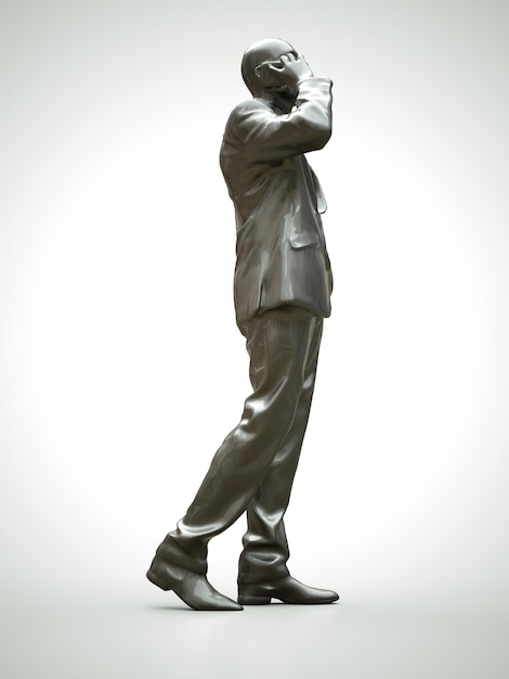 Plastic figure of a black man in a suit talking on the phone. 3d rendering.