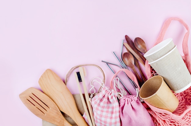 Plastic free set with cotton eco bag,  recycled tableware reusable stainless steel straws and  bamboo toothbrush