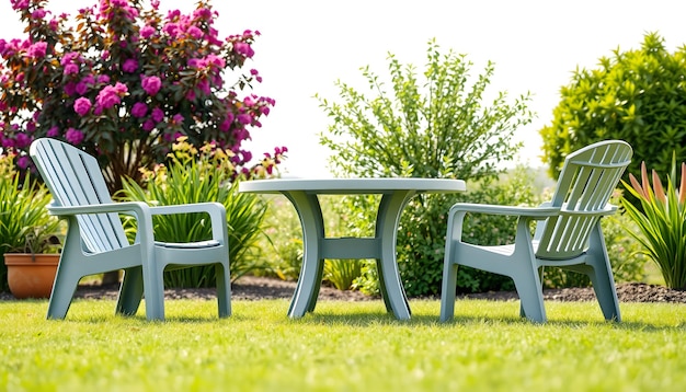 Photo plastic garden furniture on the lawn isolated with white highlights