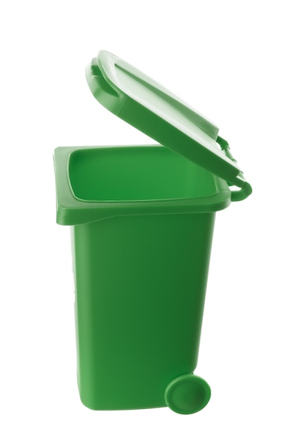 Plastic green trash can isolated on white background