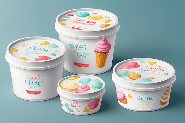 Photo plastic ice cream tub container mockup 3d white paper yogurt round package box vector