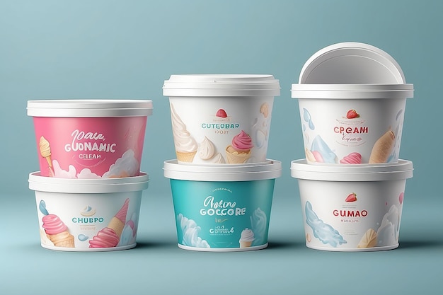 Photo plastic ice cream tub container mockup 3d white paper yogurt round package box vector