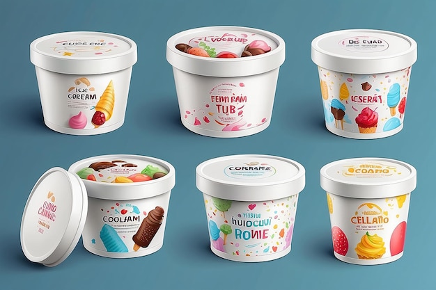 Photo plastic ice cream tub container mockup 3d white paper yogurt round package box vector