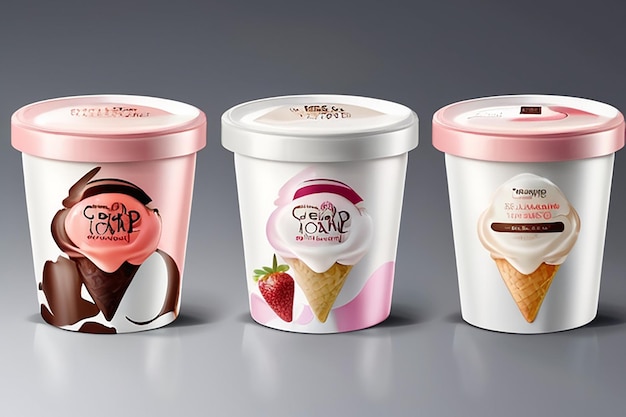 Photo plastic ice cream tub container mockup 3d white paper yogurt round package box vector