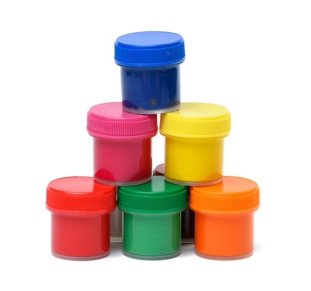 Plastic jars with multicolored gouache on a white isolated background