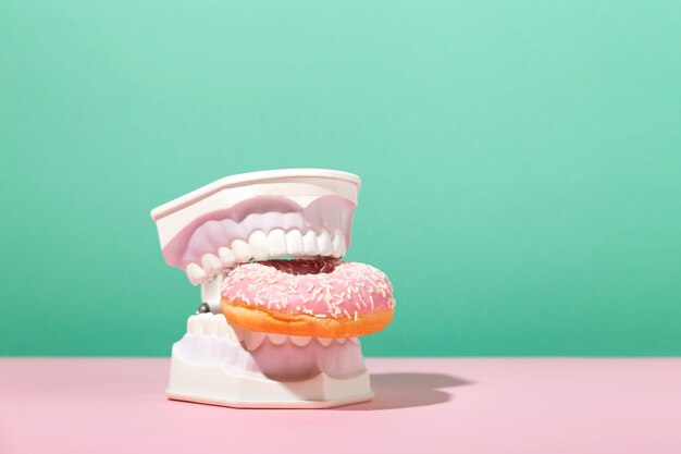 Plastic jaws hold sweet pink donut in teeth dental health dentistry and caries concept