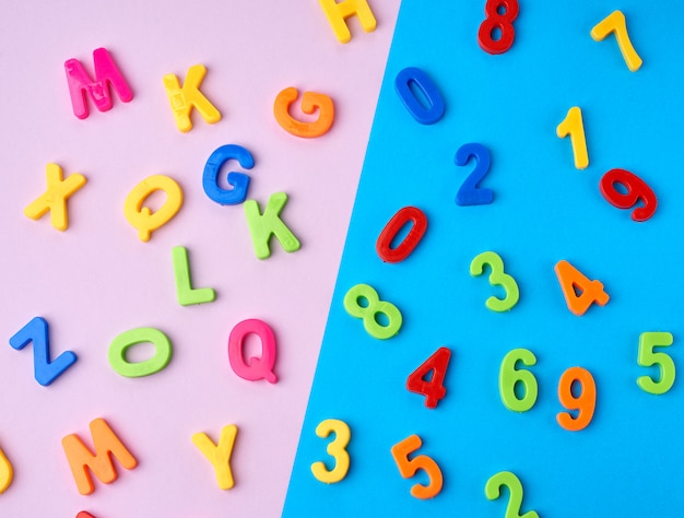 Plastic multi-colored numbers and letters of the English alphabet