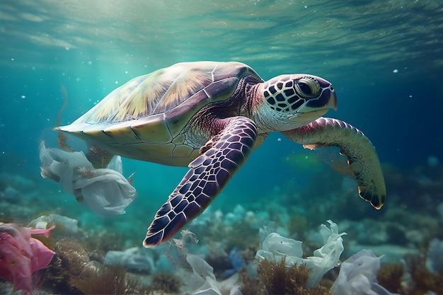 Plastic Ocean An underwater shot of marine wildlife surrounded by plastic waste to raise awareness about ocean pollution Generative ai