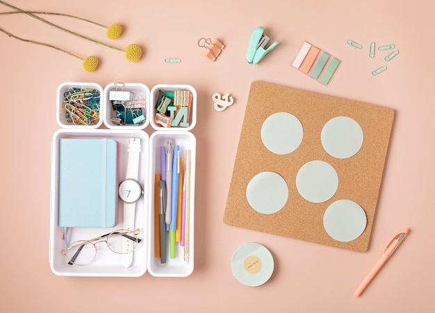 Plastic organizers for office and home desk and cork board with stickers