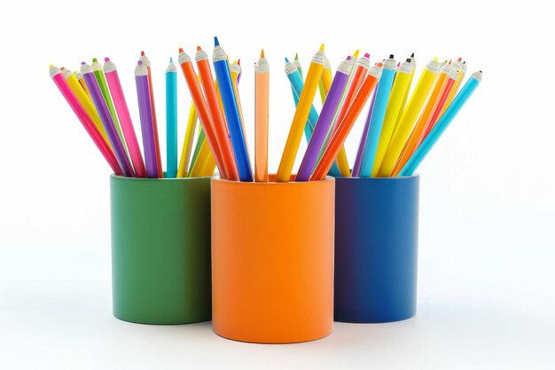 Photo plastic pencil holders isolated on white background