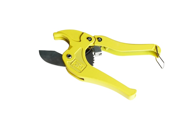 Plastic pipe cutter isolated on white background The pipe cutter is an essential plumbing tool that professionals use to make precise cuts