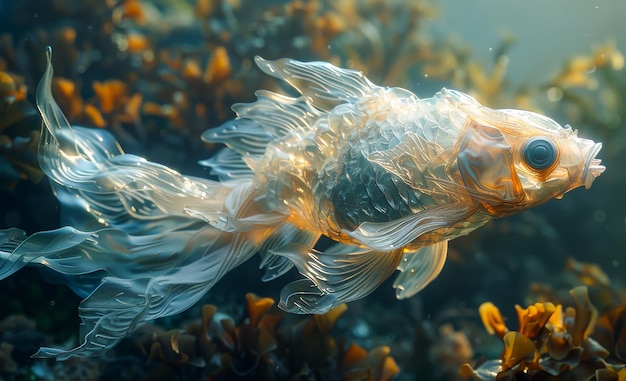 Plastic pollution concept with underwater fish made from plastic bag swimming in the ocean