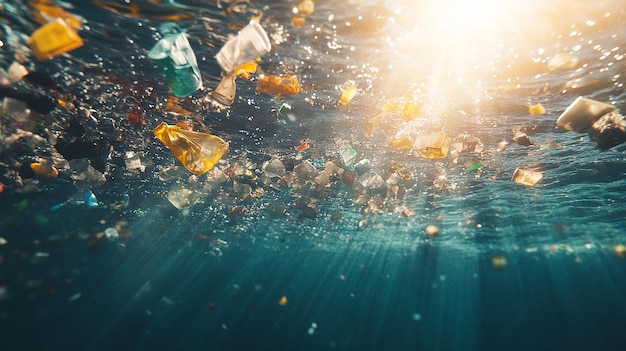 Photo plastic pollution in the sea underwater shine and impact