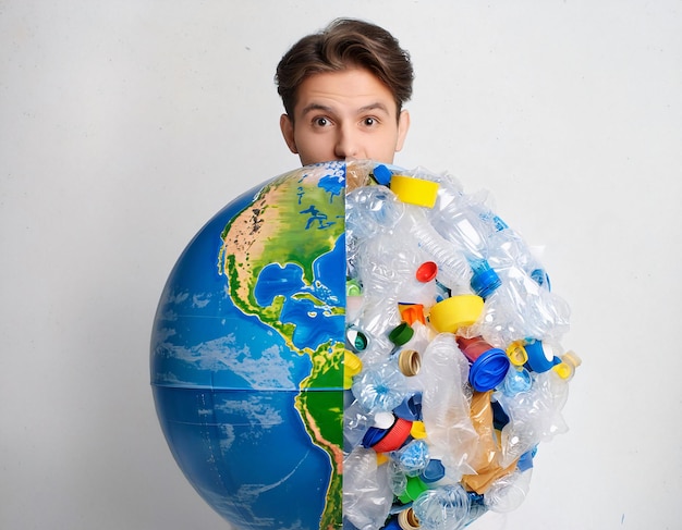 Photo plastic pollution vs planet earth environmental awareness