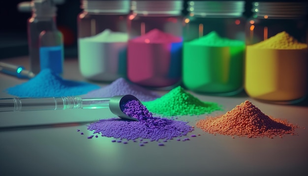 Plastic raw materials Biodegradable plastic grains in a range of colors are spread out on a lab surface Generative Ai