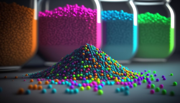 Plastic raw materials Biodegradable plastic grains in a range of colors are spread out on a lab surface Generative Ai