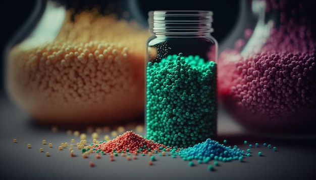 Plastic raw materials Biodegradable plastic grains in a range of colors are spread out on a lab surface Generative Ai