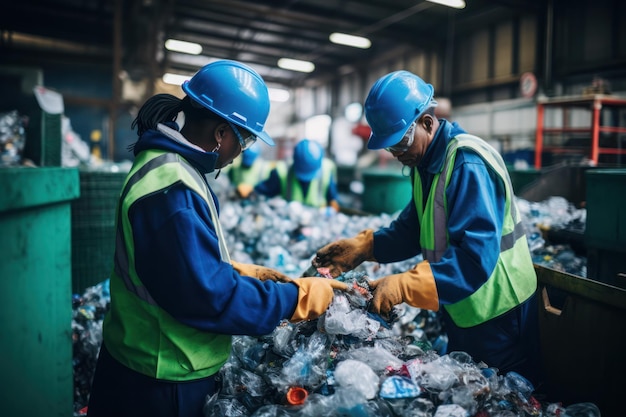 plastic recycling plant recycling efforts portrait workers sorting city plastic waste