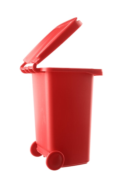 Plastic red trash can isolated on white background