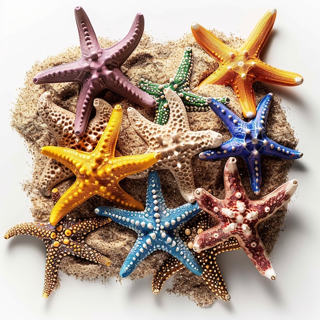 Photo plastic starfish in sand pile isolated on white or transparent background cutout