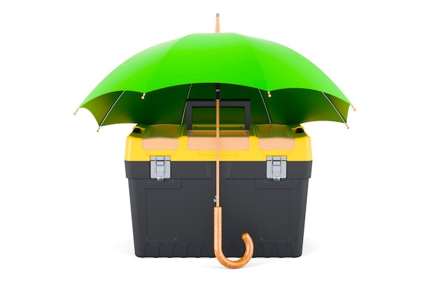 Plastic toolbox under umbrella 3D rendering