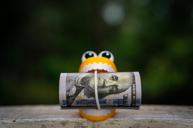 Plastic toy teeth with a roll of dollar banknote.