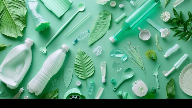 Plastic waste collection on green background Concept of Recycling plastic and ecology generative ai